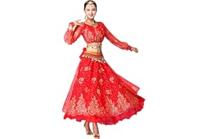 Grouptap Bollywood Indio para Mujer de Manga Larga Anarkali Lehenga Choli Saree Vestido Azul/Rojo/Rosa/Verde árabe Princesa Danza del Vientre Falda Trajes Traje