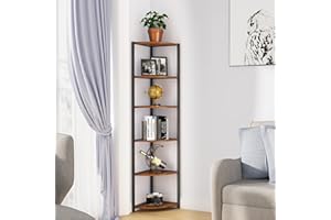 SogesHome Scaffale angolare a 6 ripiani, in legno industriale, libreria angolare per cucina, soggiorno, camera da letto, piccoli spazi