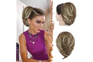BARSDAR Claw Clip Short Straight Hair Bun Extension, 8 In Short Ponytail Bun Extension Balayage Synthetic Thick Clip in Fake Pony Tails Hairpieces Soft Natural Daily (Medium Brown & Blonde)