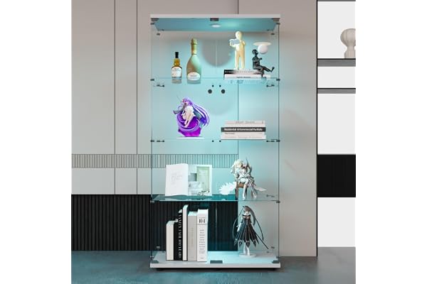 Glasvitrinskåp med LED i vitt, skåp för samling vitrinskåp med 2 dörrar vitrinskåp i glas, vitrinskåp, figur, glasvitrinskåp, vardagsrum med 4 hyllor av ESG för samlarobjekt böcker, 164 x 42,5 x 80,5