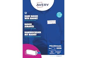 AVERY ZWECKFORM Badgepoint polar30 Name Badges (70 x 30 mm, 20 Signs with Magnet, Twist-Proof, with Print Sheet for Name Cards and Templates for Printing, Magnetic Name Tags for Clothes), Matte Stainless Steel