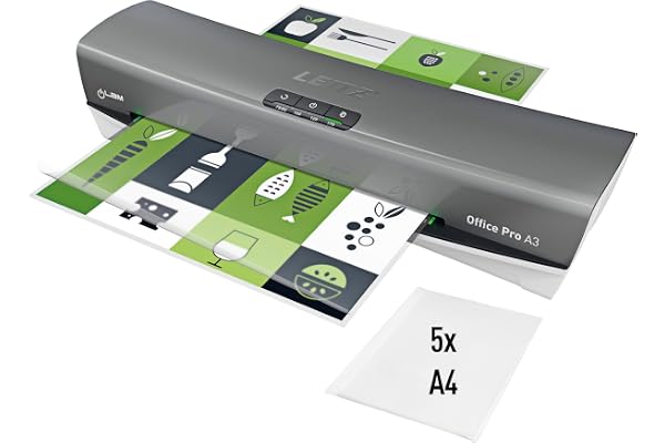 Plastifieuse Leitz iLAM Office Pro A3 - Préchauffage en 1 minute, 75-125 microns, Guide d'alignement à LED, Anti-bourrage, Arrêt Automatique, Inclus 5 Pochettes de Plastification, Gris/ Blanc,75180084