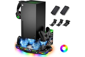 Kühlständer mit Controller-Ladestation für Xbox Series X, ZAONOOL Dual-Ladestation und Lüfter für Konsolenzubehör mit 12 RGB-Leuchten, 2 wiederaufladbaren Akkus, 3 Haken und USB-Anschluss