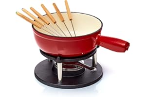 Bonvivre Gusseisen Fondue Set für 6 Personen - 2 Liter - Fondueset 9-teilig mit Brenner und 6 Gabeln - mit Emaille-Beschichtung - geeignet für Käsefondue Schokofondue Fleischfondue Gemüsefondue