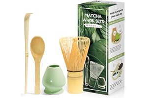 KURKIP 4 Stück Matcha japanisches Zeremonienset, MatchaBesen aus Naturbambus, Löffel aus Bambus, Schaufel aus Bambus, Quirlhalter, Matcha Zubehör für die Teezeremonie, das Getränk - Seladonblau