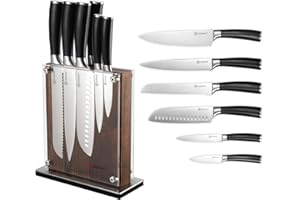 KEEMAKE Couteaux de Cuisine avec Bloc Aimanté Bois, Set Couteau Cuisine 6PCS Office Chef Santoku Pain Viande Utilitaire, Porte-couteaux Magnétique Puissant