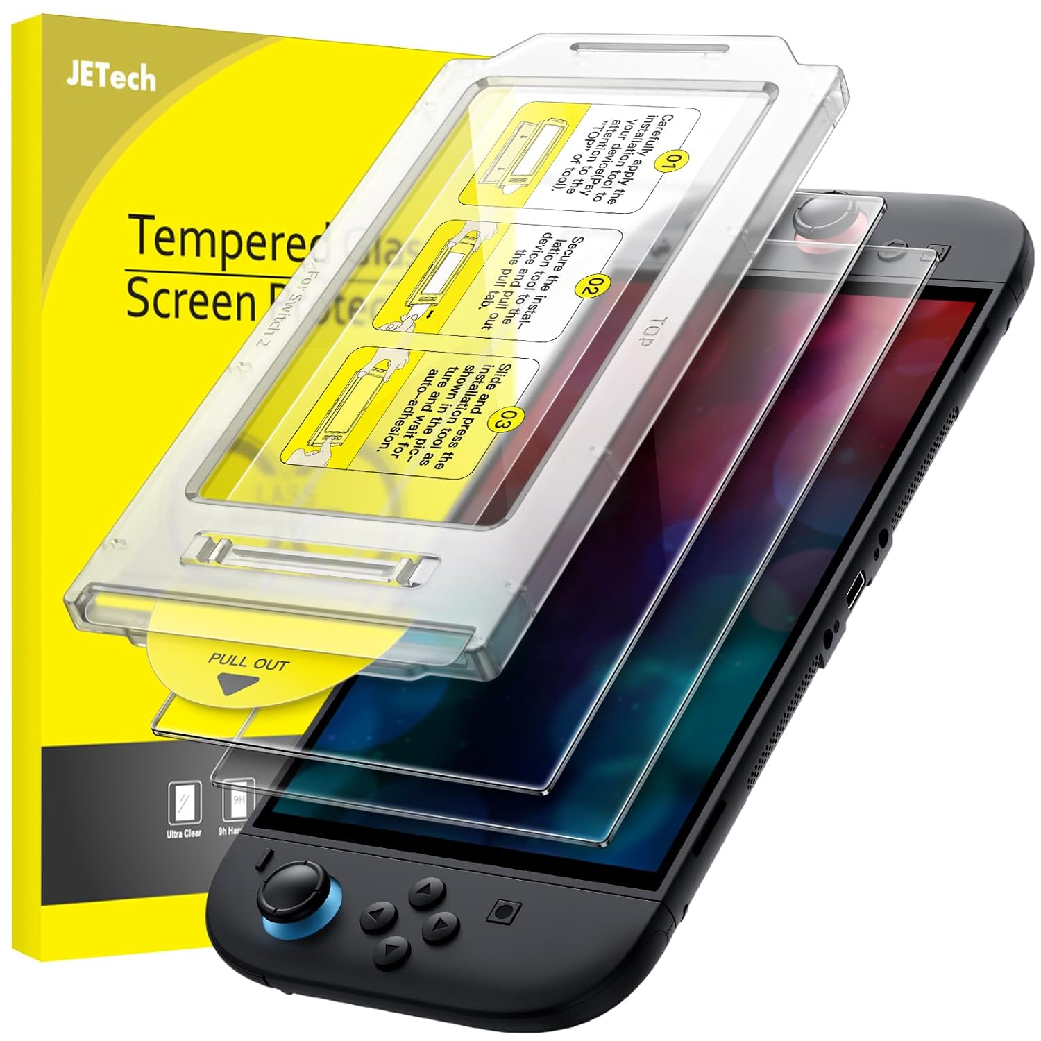 JETech Pellicola Protettiva Allineamento Automatico per Nintendo Switch 2 2025, Vetro Temperato Film 9H con Strumento di Installazione Super Facile, Anti-Graffio, HD Chiaro, 2 Pezzi | Installazione di allineamento automatico, vetro temperato 9H, HD trasparente, protezione antigraffio
