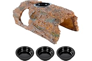 CAVACHEW Höhlen & Verstecke für Reptilien & Amphibien, 2 in 1 Reptilien Höhle mit Futternapf, Terrarium Versteck Zubehör für Gecko, Eidechsen, Bartdrache, Schlange, Schildkröte