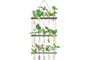 XXXFLOWER Wall Hanging Propagation Station with Wooden Stand 5 Glass Test Tubes 3 Tiered Planters Wall Terrarium for Home Office Plant Hanger Flower Vases Wall Decor Hydroponic Cuttings