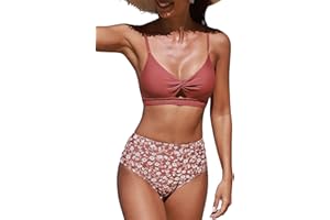 CUPSHE Damskie zestawy bikini z wysokim stanem dekolt w serek skręcone przednie wycięcie z tyłu hak regulowane paski dwuczęściowy strój kąpielowy