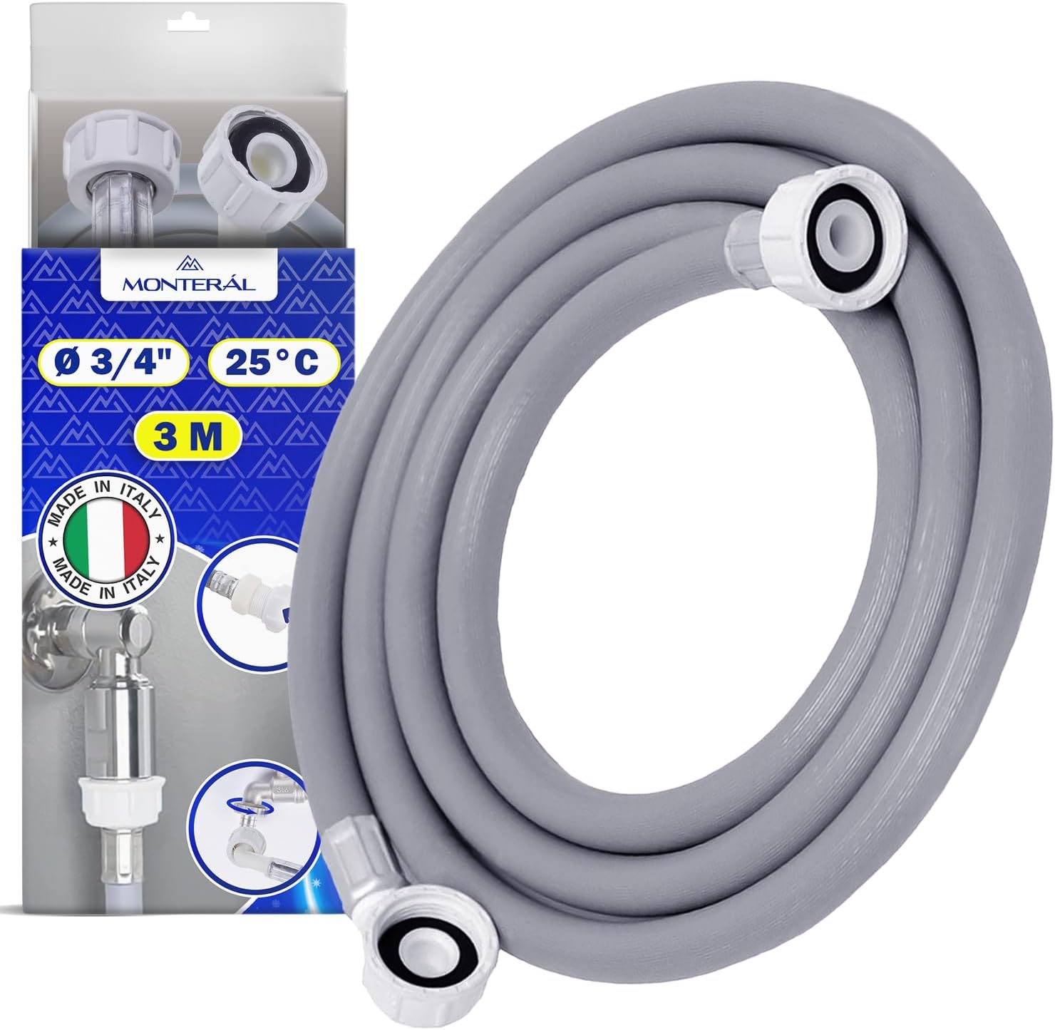 Manguera Lavadora y Lavavajillas 3 m para Entrada Agua para Temperaturas de hasta 25°C Presión de 20 a 60 Bar Conexión Recta y Ángulo Ø 3/4" - MADE IN ITALY - MONTERAL