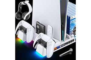 Kytok Support PS5 Intégré avec Hub USB, Chargeur Manette PS5 avec Lumière RVB pour Deux Manettes PS5, Station de Refroidissement PS5 avec Ventilateur de Refroidissement à 3 nNveaux, Support de Casque