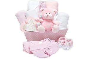 BABY BOX SHOP Baby Geschenkset und Erinnerungsbox - Rosa, Handverpacktes Geschenk zur Geburt Mädchen - mit Teddybär, Babyschuhen, Strampler, Lätzchen, Mütze, Decke, Kapuzenhandtuch, Hängeschild