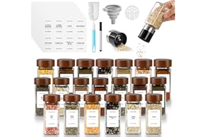 FRIBERG Pot a Epices en Verre et Bois, 20 Pots à Épices de 120ml Bocaux à Épices avec 2 moulins à épices pour le stockage des épices,pot epices verre avec étiquettes à épices