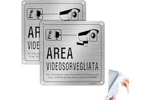 SINMAO Cartello Area Videosorvegliata Adesivo Alluminio Piccolo 15x15cm con Avviso GDPR per Casa e Negozio, Interno ed Esterno 2 Pezzi