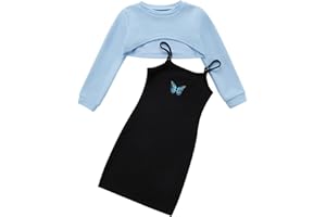 Naiyafly Girl's 2 Piece Outfits Kids Long Sleeve Crop Top and Cami Dress Set Teen Girls Pullover Sweatshirt + Butterfly/Plaid Print Bodycon Dress Clothes Christmas Party Casual Costumes
