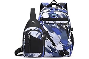 Tanou School Backpack for Teen Boys, Large School Bag for Primary Secondary School, Waterproof 2-Piece Boy Rucksack Set with Sling Bag