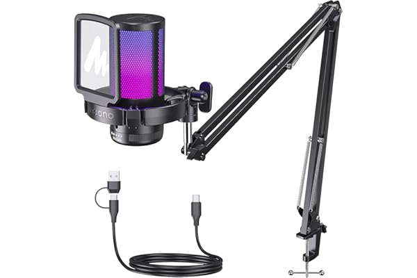 MAONO USB Micro Gaming, RGB Condensateur Microphone avec réduction du Bruit/Muet/Gain/Moniteur/Bras Micro, pour Enregistrement, Streaming, Postcast, Discord, Ordinateur, Compatible avec Mac, PS4&5
