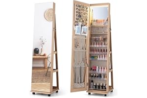 Multigot LED Jewellery Cabinet, Free Standing Mobile Jewelry Armoire with Full-Length Mirror, Built-In Small Mirror and Universal Wheels, Lockable Makeup Storage Organizer for Bedroom (Natural)