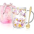 Gifts for Women Dried Flowers Double Wall Glass Coffee Mugs Cute Glass Tea Cups with Handles Christmas Birthday Gifts for Best Friend Teacher Mum Gift New Home Gift Ideas Autumn Mug Home Decor