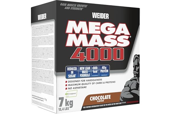 Weider Mega Mass 4000 - Poudre Weight Gainer avec 48g de Protéines & Créatine par Portion - Pour la Construction Musculaire & l'Absorption de Calories Élevées - 7kg - Chocolat
