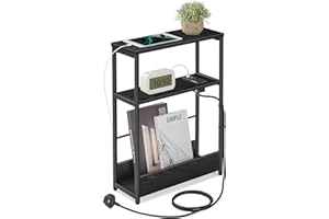 VASAGLE Slim Side Table with Charging Station, 3-Tier Narrow Bedside Table, End Table for Small Spaces, Magazine Rack, for Living Room, Bedroom, Study, Ebony Black and Ink Black LET335B03