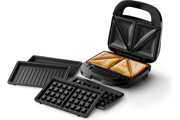 Philips 5000 Sandwichera Grill 3 en 1, 750 W, Placas Antiadherentes | 3 juegos de placas – paninis, sándwiches y gofres, antiadherentes, sistema Easy Lock, fácil de limpiar (HD2350/80)