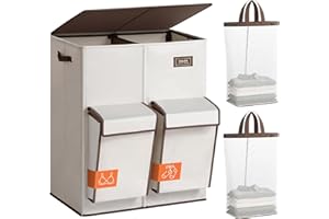 SOLEDI Double Laundry Basket with Lid, 180L Large Laundry Basket 2 Compartments with 2 Side Pockets, Dirty Clothes Basket with Removable Bag, Easy to Carry for Bathroom, Bedroom, Laundry (Beige)