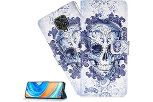 LEMAXELERS Xiaomi Redmi Note 9 Pro Case Xiaomi Redmi Note 9 Pro Cover 3D Cool Skull Flower PU Leather Flip Notebook Wallet Case Magnetic Stand Holder Slot Bumper Case for Xiaomi Redmi Note 9 Pro,3D Blue Skull