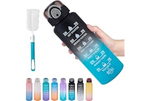 VARKDA Bouteille 1l, Gourde de sport-[BPA-free Tritan], 1000ml Gourde de motivation avec paille et timbre - Gourde anti-fuite pour le vélo, le camping, la gym (Noir/Bleu)