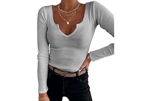 TrendiMax T-shirt à manches longues pour femme - Col en V profond - Stretch - Manches longues - Décontracté - Basique
