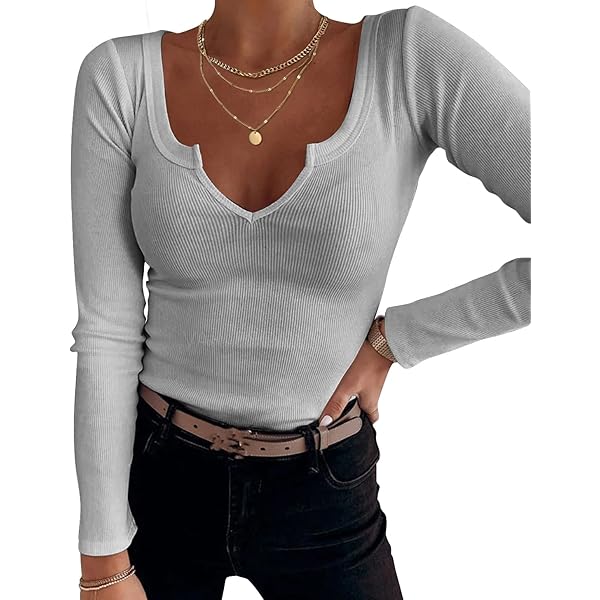 TrendiMax Sexy tops met lange mouwen voor dames, geribbelde gebreide henley- shirts, getailleerde blouse T-shirts met rits, Donkergroen, L