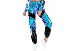 IMEKIS Pantaloni da donna a vita alta, lucidi, effetto bagnato, metallizzati, ologramma, hip hop, da danza, in pelle laccata, per jogging, casual, per lo streeting, per feste, discoteca, discoteca