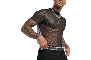 AIEOE Męska koszula z siatki, brokatowa, przezroczysta, seksowna, siatkowa, z krótkim rękawem, do klubu, na lato, górna część z siatki - XS-3XL