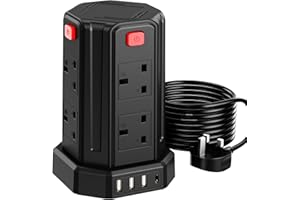 SAMERIVER Tower Extension Lead with USB Slots 3M, (13A 3250W) 4 USB Ports and 8 Way Extension Tower, Surge Protection Extension Lead with 4 Independent Control Switch, Extension Cable for Office, Home, Kitchen