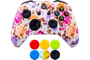 9CDeer 1 Piece of SiliconeTransfer Print Protective Cover Skin + 6 Thumb Grips for Xbox One/S/X Controller Pink Flowers