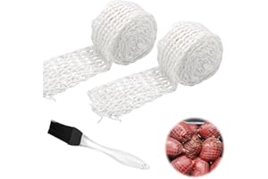 BRISKORE 3 m x 2 Rollen Rollbratennetz, Schinkennetz, Räuchernetz Weiß, Fleischnetz, Dehnbares Bratennetz Zum Aufhängen, Backen und Kochen von Fleisch, mit 1 Backpinsel, 5-16cm Breit, 16 Löcher