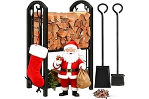 AMAGABELI GARDEN & HOME Amagabeli Fireplace Log Rack with 4 Fireplace Tools Wrought Iron Firewood Holders Indoor Wood Stove Outdoor Fireplace Log Storage Heavy Duty Wood Stacking Kit Black