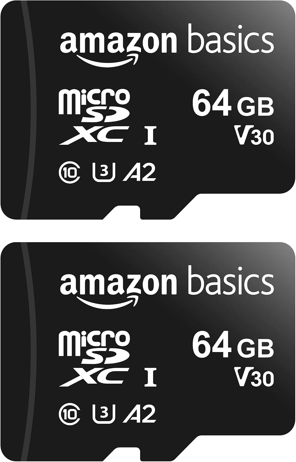 Amazon Basics Tarjeta de memoria microSDXC con adaptador de tamaño completo, A2, U3, velocidad de lectura de hasta 100 MB/s, 64 GB, negra (paquete de 2)