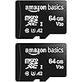 Amazon Basics MicroSDXC, Adattatore SD, A2, U3, velocità di lettura fino a 100 MB/s, 64 gb (confezione da 2), Nero