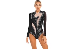 TTAO Tanzanzug für Damen Ballett Body Kurzarm/Langarm Gymnastikanzug Mesh Tanztrikot Tanzbody Balletttrikot Tanzkleidung