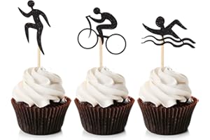 NOBRAND Unimall 24 Pièces Nager Vélo Run Cupcake Toppers Noir Glitter Triathlon Cupcake Picks pour Des sports Gâteau Décorations Anniversaire Fournitures de Parti