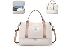 SZLX Travel Duffel Bag Weekend Bag with Trolley Sleeve,Ryanair Cabin Bag 40x30x20 Duffel Bag Wizzair,Dry & Wet Seperated Sports Gym Bag Waterproof Carry On Bag for Women Men Hospital Tote(Beige Brown)