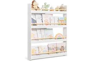 ‎SONGMICS SONGMICS Regał na książki dla dzieci, regał dziecięcy z 4 poziomami, regał na zabawki, regał ścienny, do pokoju dziecięcego, pokoju zabaw, biało-naturalny kolor GKR014W01