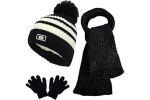 JFAN 3in1 Conjunto de Gorro Guantes y Bufanda de Invierno para Niños Gorro de Punto Invierno Térmico con Pompon Gorro Invierno Niña de Chenille con Forro 1-5 Años