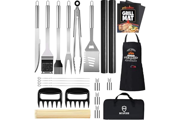 MUJUZE 21 Pcs Accessoire Barbecue,Ustensiles Barbecue en Ensemble de Gril en Acier Inoxydable Très épais,Cadeau Anniversaire Homme,Cadeau Homme,Cadeau pour Homme,Cadeaux pour Les pères, Les Amis