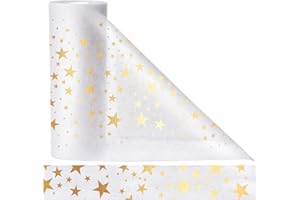 Tischläufer Weihnachten, Anstore Tischläufer Weiß mit Golden Sternen, 30mx23cm Vlies Tischband Weiss Vintage Tischdekoration für Hochzeiten, Geburtstage, Taufen, Festliche Weihnachtsdeko Table Runner