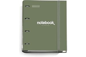 Miquelrius - Folder na dokumenty A4 Emotions, segregator z 4 pierścieniami + 100 kartek A4 w kratkę, 5 mm, papier 90 g/m², zapięcie gumowe, kolor zielony kaki