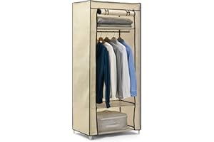 Hododou Single Canvas Wardrobe Portable Wardrobe Fabric Wardrobes for Bedroom Foldable Closet with Hanging Rail and Shelves, for Clothes, Bags, Toys, Shoes, 160 x 59 x 43CM, Beige