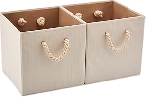 EZOWARE Set of 2 Large Foldable Bamboo Cotton Fabric Organiser Cubes, Collapsible Storage Basket Bin Boxes with Cotton Rope Handle for Baby Kids Toy Nursery Room Home Closet - 33 x 33 x 33cm / Beige